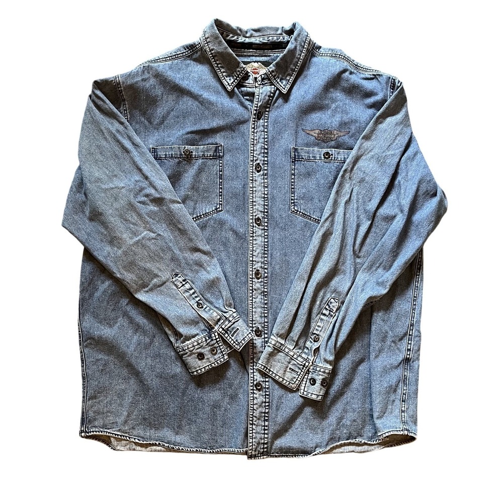 Harley Davidson Men's Button-down Denim Shirt Size 2XL Long Sleeve Back Logo